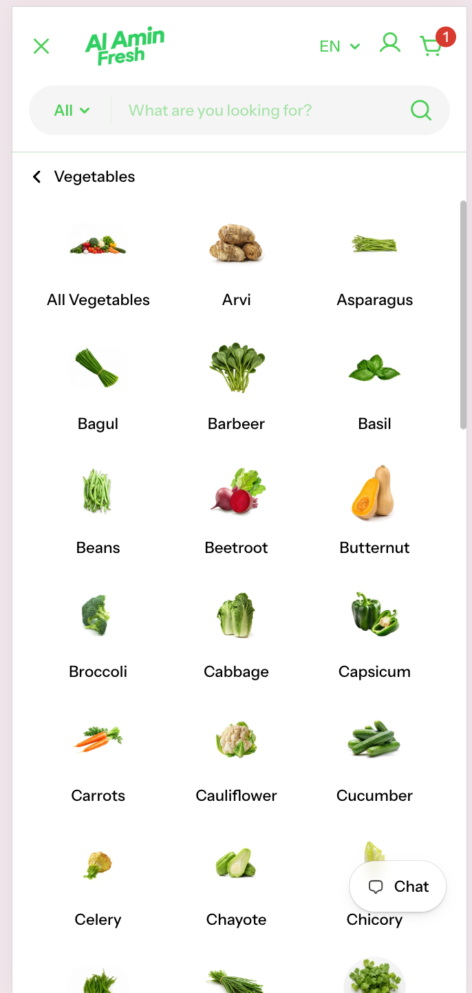 Tailored subcategories on the Al Amin Fresh store