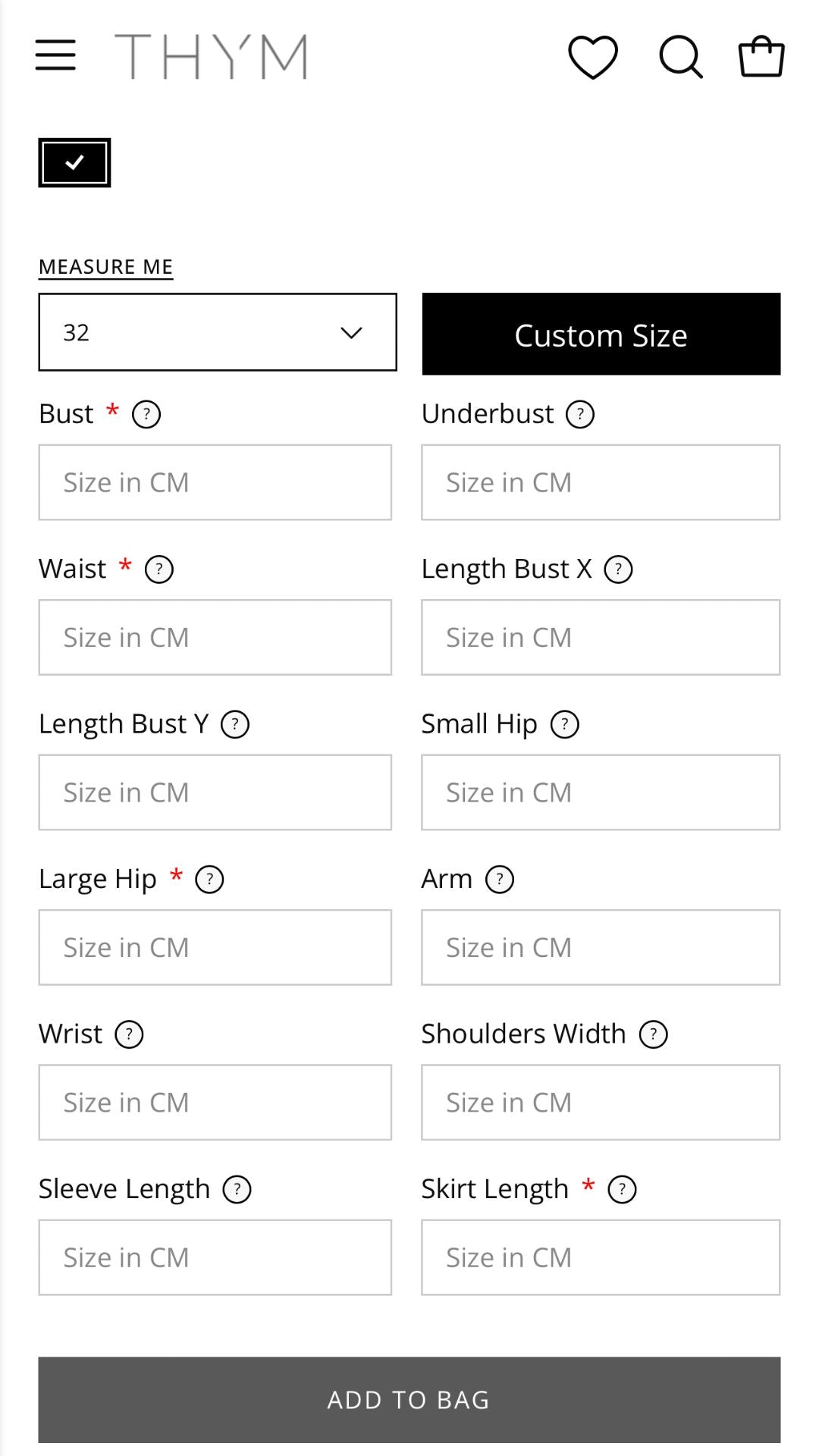 Custom sizing on the Thym store