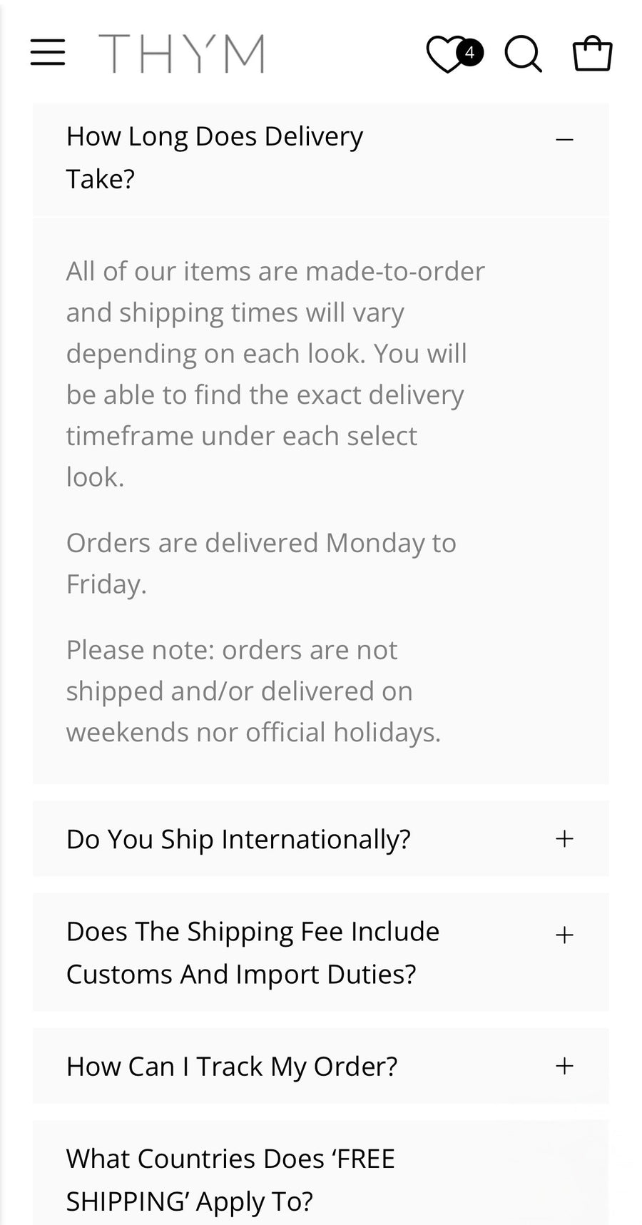 Thym FAQ on the Shopify store
