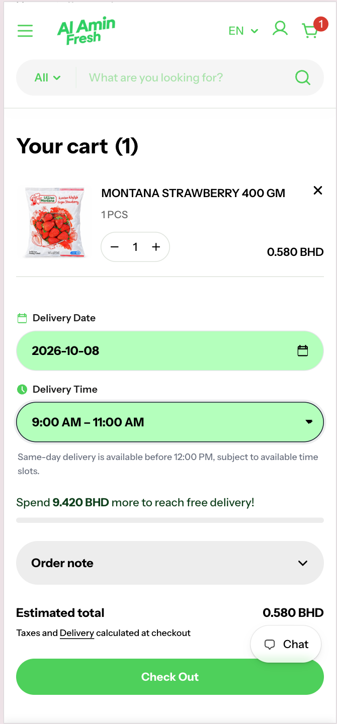 Delivery time shown on the Al Amin Fresh store